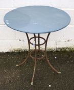 A painted circular garden/patio table Dia68cm and two chairs with all over pierced decoration