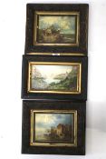 Three 19th century oil on boards. Two depicting a fisherman's village,