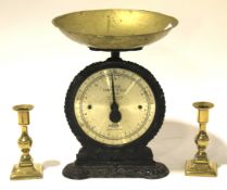 Set of salter family pan scales H32cm and a pair of brass candlesticks.
