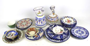 A box of assorted continental ceramics including Portuguese and Quimper.