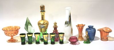An assortment of studio glass including a Murano decanter H30cm and 6 shot glasses, carnival glass,