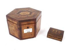 An Inlaid burr walnut stamp box and a parquetry inlaid walnut tea caddy