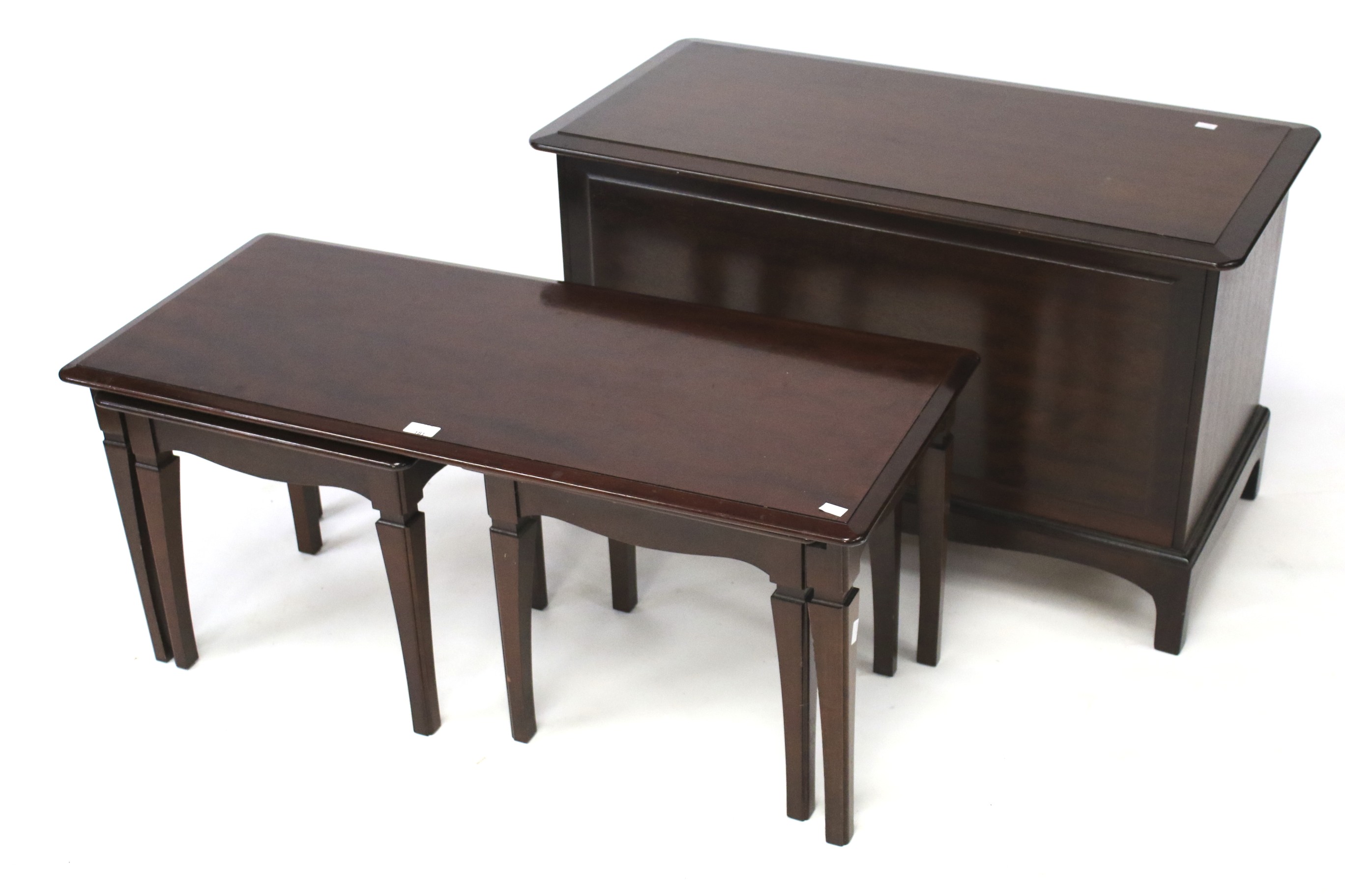 A stag style coffee table with two matching side tables.