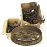 An assortment of vintage metalware. Including wheels, brackets etc.