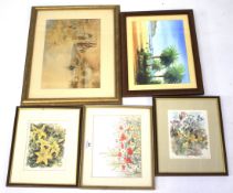 Five assorted paintings and signed print