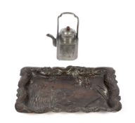 A Japanese Meiji period (1868-1912) bronze tray and a white metal teapot.