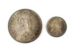 An 1888 half crown coin and an 1888 sixpence