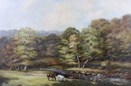 George Horne (20th Century), horses in river landscape, oil on canvas.