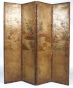 A Chinese four fold leather screen.