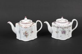 Two late 18th century New Hall porcelain fluted oval teapots and covers.