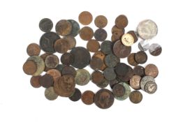A group of copper coins, mainly farthings,