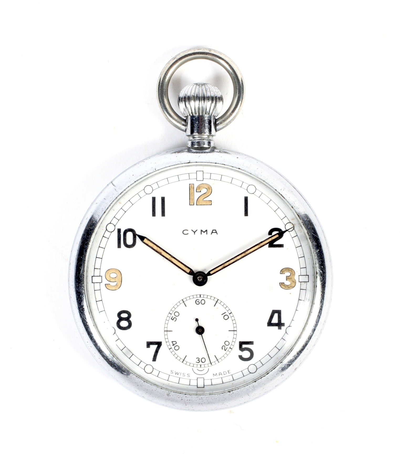 A WWII Swiss made stainless steel CYMA military pocket watch.