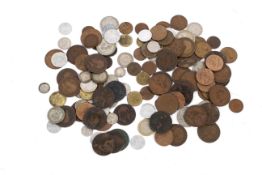 An assortment of English and world coins,