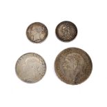 Four coins including an 1883 half crown, 1884 shilling, 1887JH shilling and a 1935 crown.