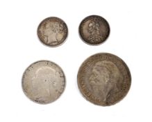Four coins including an 1883 half crown, 1884 shilling, 1887JH shilling and a 1935 crown.