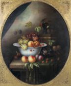 J Gabriel (20th Century), a still life with a fruitbowl on a marbled table top, oil on board.