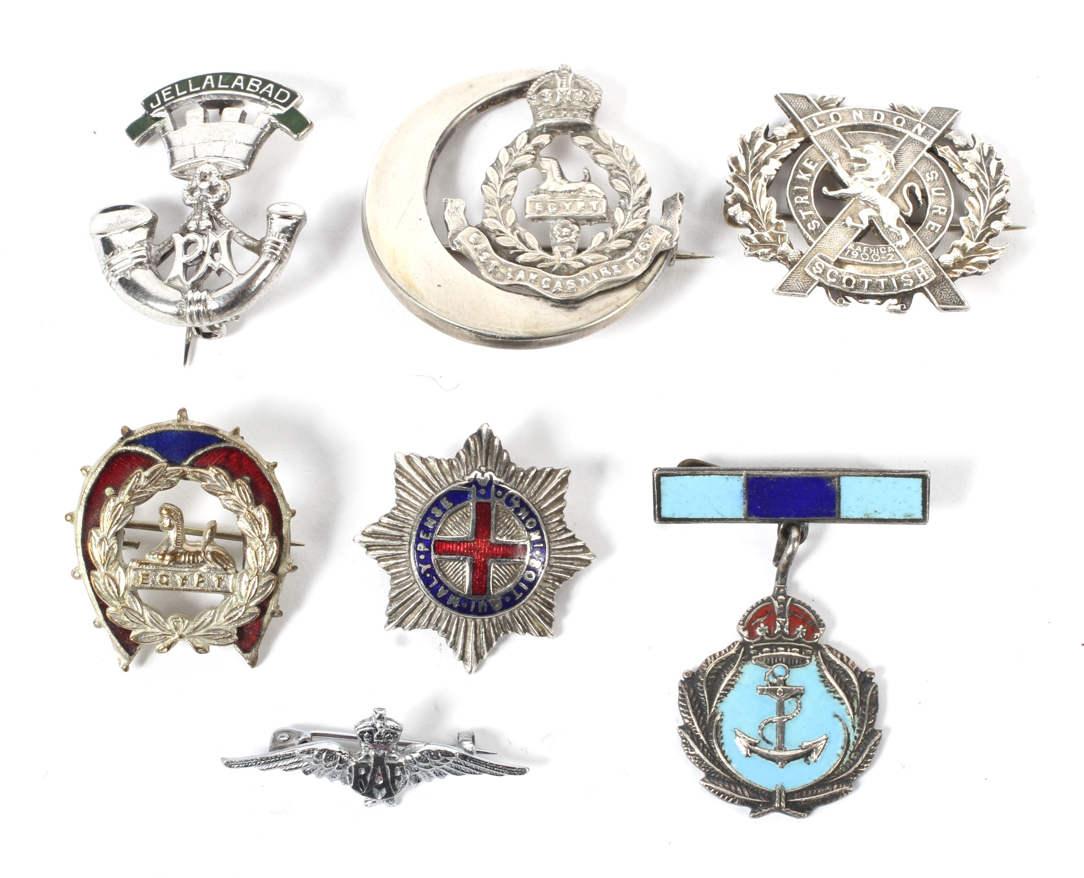 Seven silver and white metal enamel WWI and WWII sweetheart brooches. Including East Lancashire Reg.