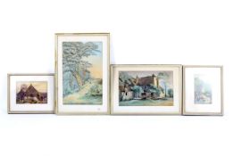 Four 19th Century watercolours. Comprising: a view of a small hut in a wooded landscape, framed,