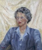 L Rochford (Mid-20th Century), portrait of a lady in a blue dress, oil on board.