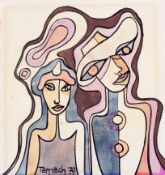 Gunther Temech (1942-2010), two figures, watercolour and pen on paper.