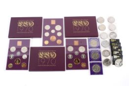 Three 1970 proof sets of coins and 18 nickel crown coins