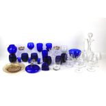 An assortment of cobalt blue glassware.