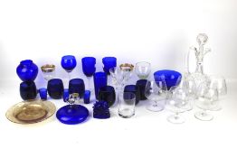 An assortment of cobalt blue glassware.