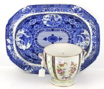 A large 19th century blue and white meat charger and a Dresden urn.