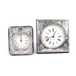 Two contemporary silver fronted desk clocks.