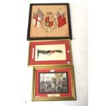 Two military pictures and an embroidered crest. Comprising a coloured print by James Thiriar 'Lieut.