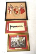 Two military pictures and an embroidered crest. Comprising a coloured print by James Thiriar 'Lieut.