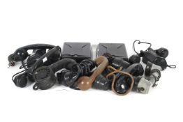 A box of assorted vintage telephone spares. Including Bakelite handsets, bellsets and wires, etc.