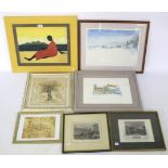Two framed 19th century coloured engravings and various prints.