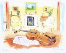 Phil Johns (20th Century), Violin, watercolour, acrylic and charcoal.