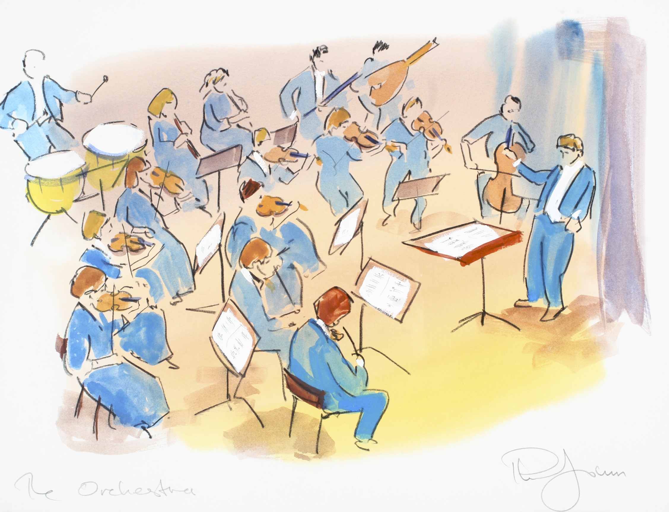 Phil Johns (20th Century), The Orchestra, watercolour, acrylic and charcoal on paper.