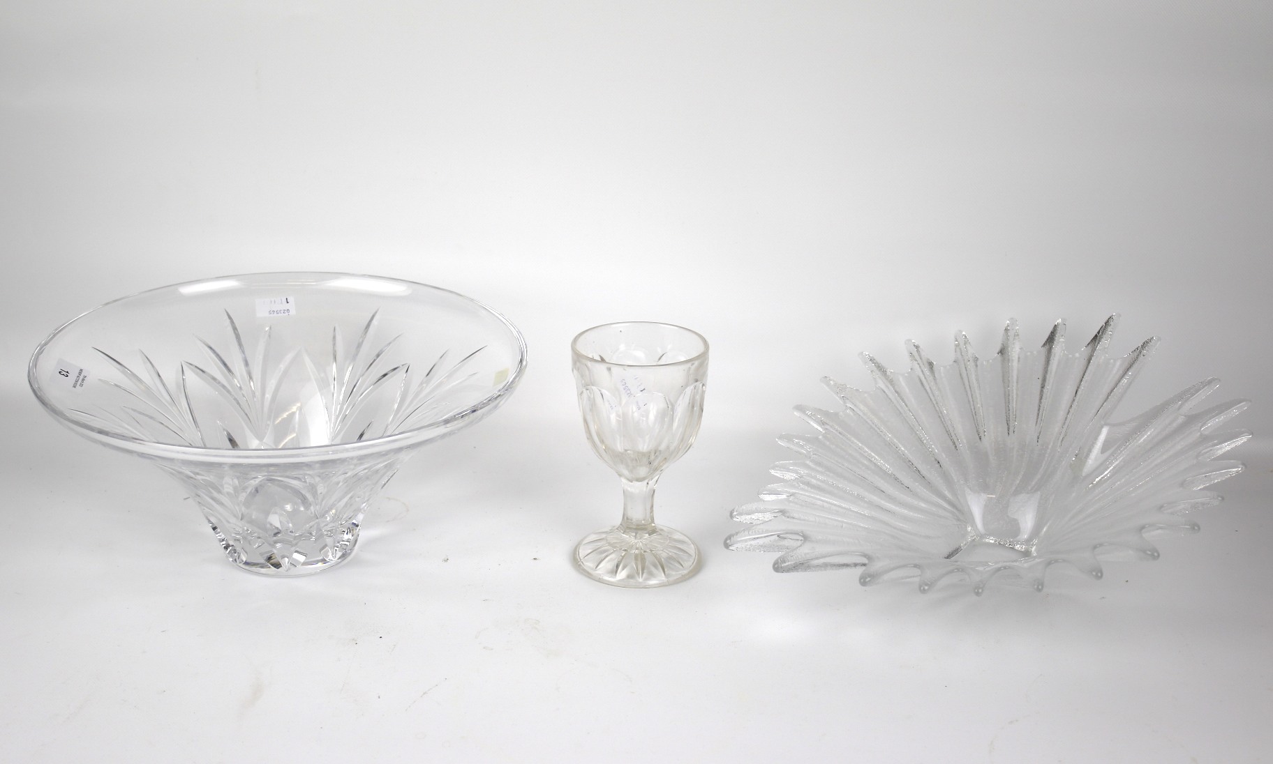 A 19th century wine glass, Waterford crystal bowl, and another. The wine glass engraved 'H.