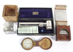A group of assorted vintage scientific instruments.