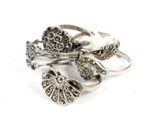 Five silver and white metal Art Deco style rings. All with marcasite details, 12.