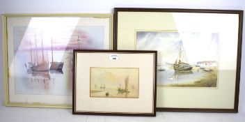 Three maritime theme paintings. Comprising two watercolours, one titled 'Early Mourning', signed 'E.