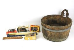 A coopered olive barrel and an assortment of collectables.