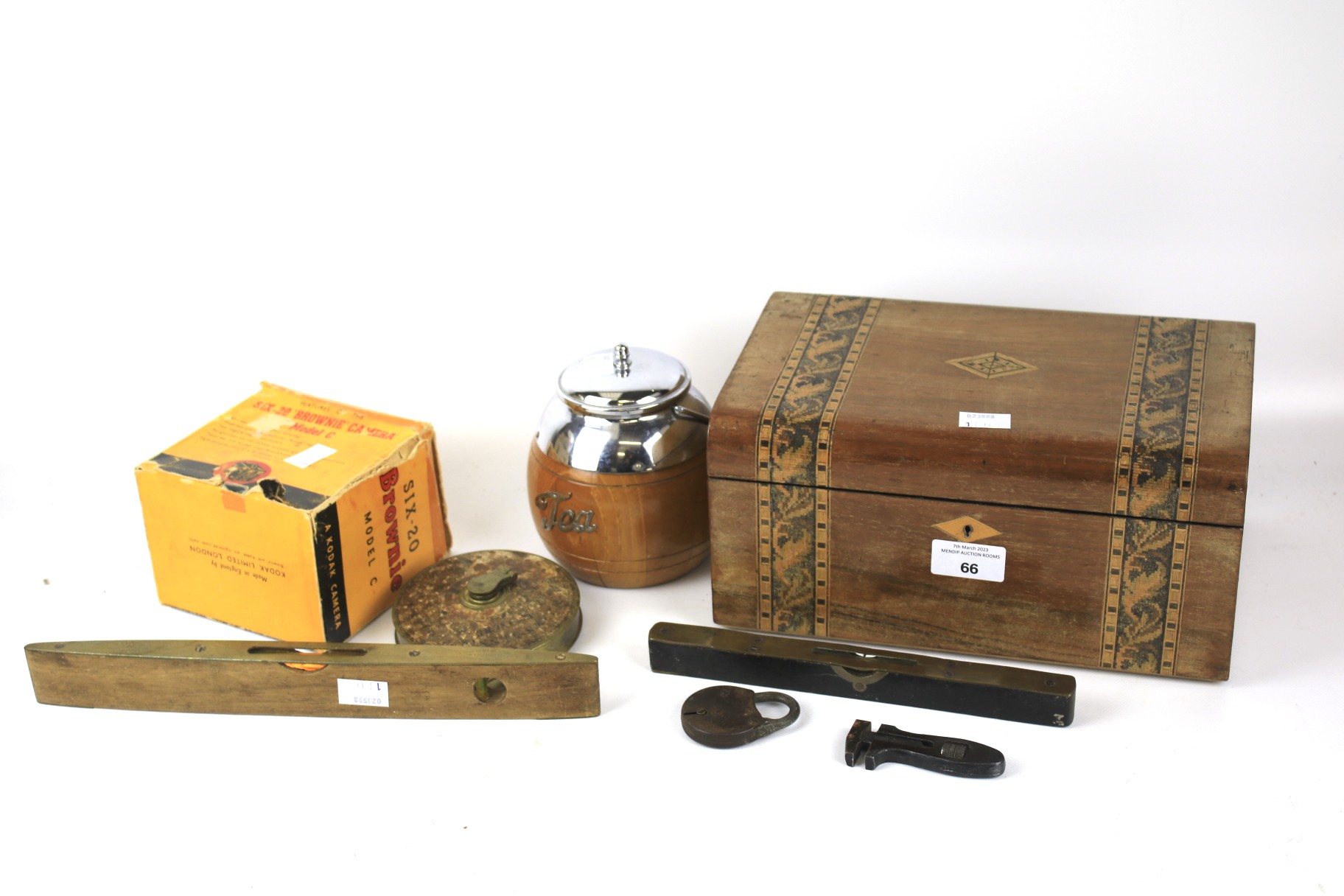 A Tunbridge ware box containing an assortment of mixed collectables.