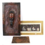 A carved wooden African mask wall plaque, a 20th century Indian painting and other items.