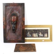 A carved wooden African mask wall plaque, a 20th century Indian painting and other items.