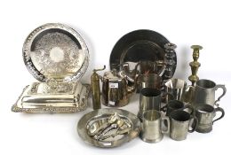 A quantity of assorted vintage metalware including pewter tankards.