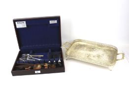 Wooden canteen and silver plated tray. Canteen contains selection of forks, etc.