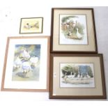 Four paintings and prints of geese and other birds.