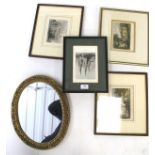 Four 19th century prints and a gilt oval framed mirror.