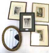 Four 19th century prints and a gilt oval framed mirror.