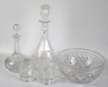 A group of five pieces of assorted cut and engraved glassware.
