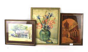 A watercolour, print and a wooden inlaid picture.
